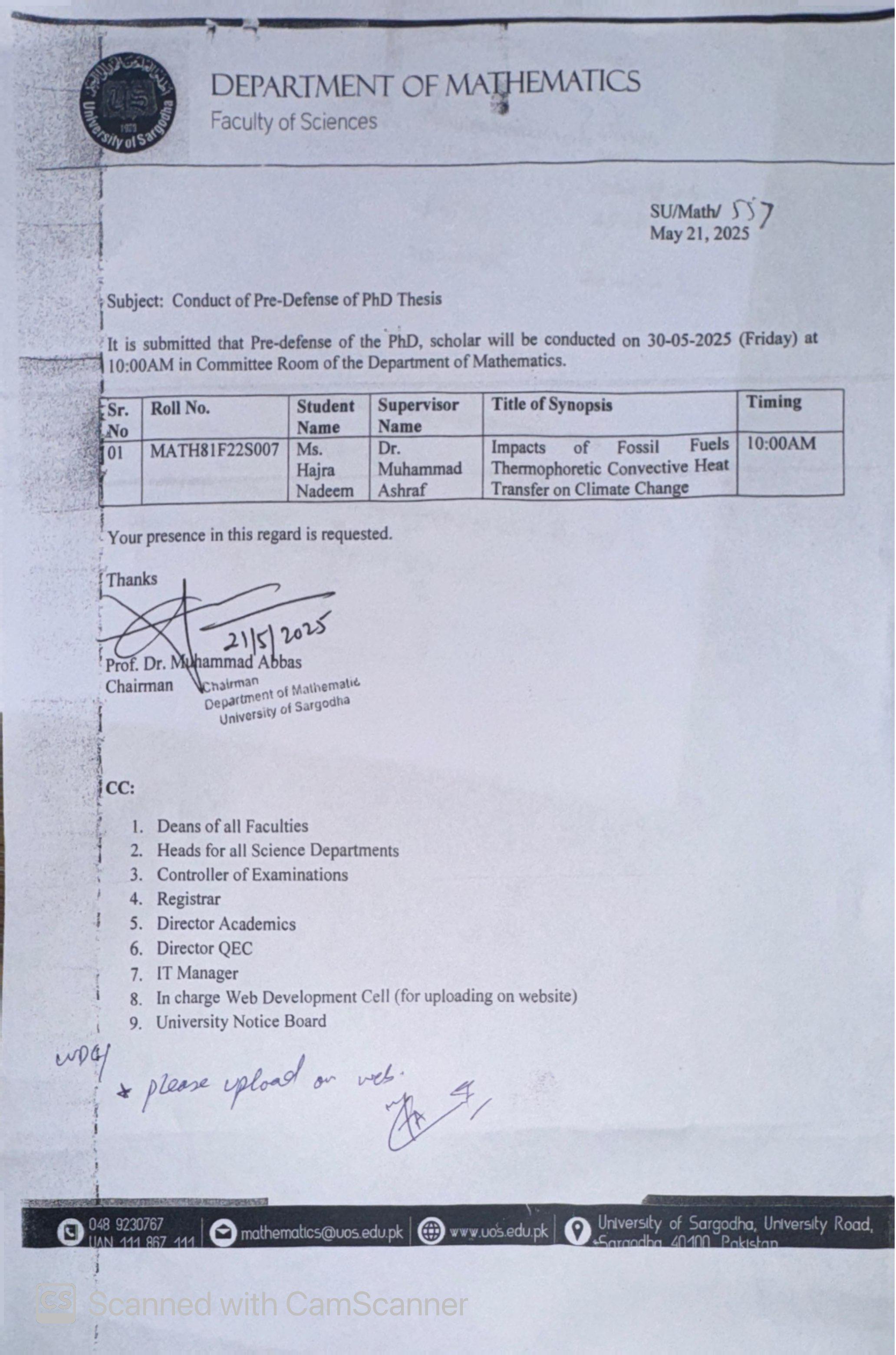 Conduct of Viva Voce Examination/Open Defense of PhD Thesis (Department of Mathematics)